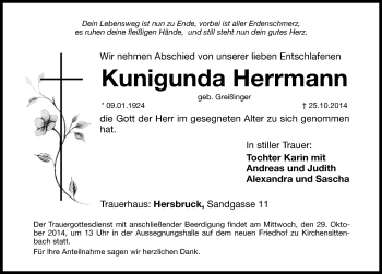Traueranzeige von Kunigunda Herrmann von Hersbrucker Zeitung